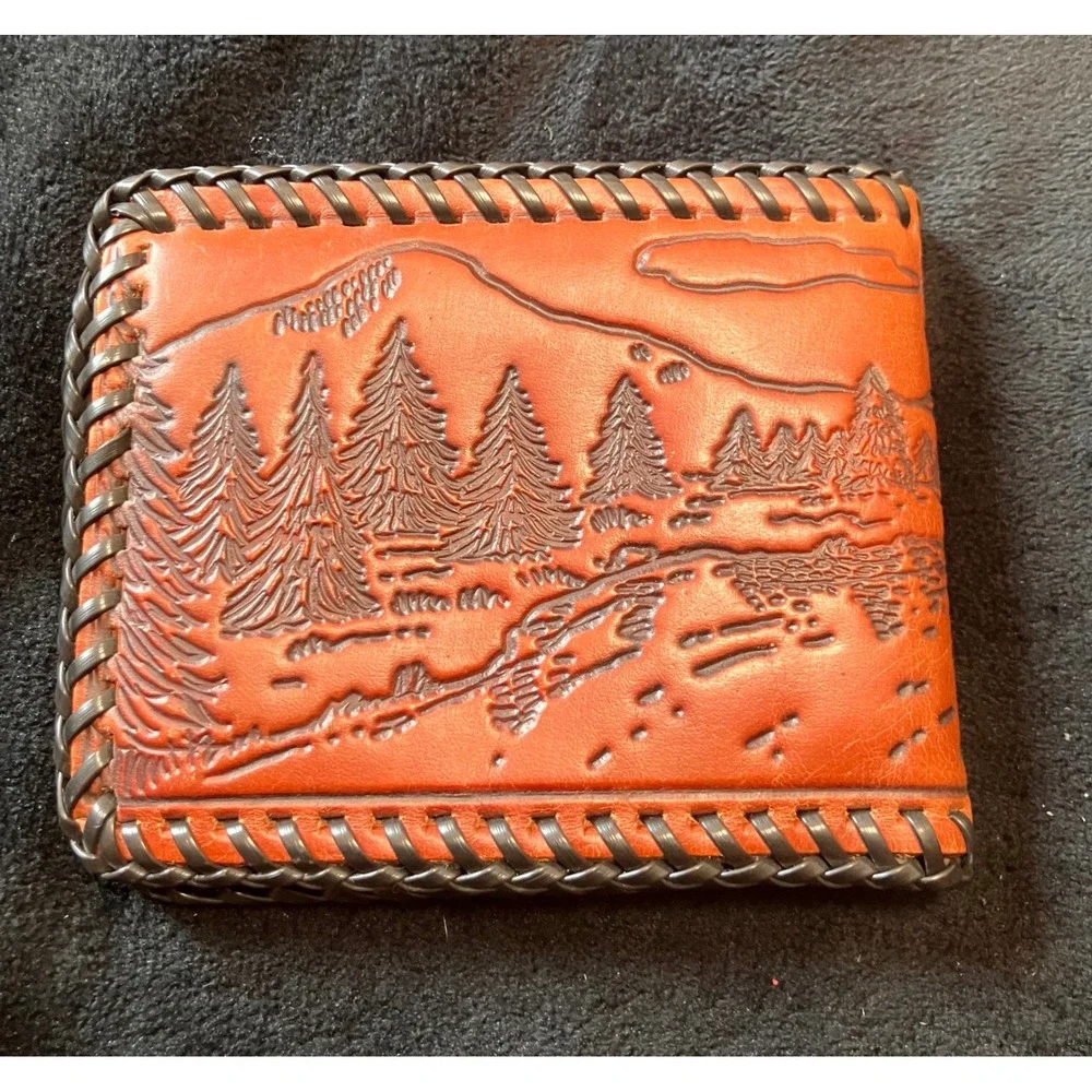 Vintage Bifold Wallet Mens OS Tan Smokie Mountain National Park Tooled Leather